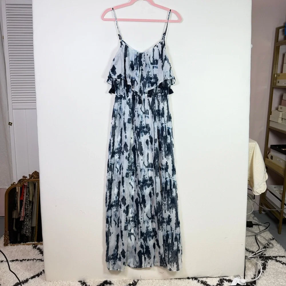 ABERCROMBIE & FITCH Blue White Tie Dye Ruffle Tassel Maxi Dress Small